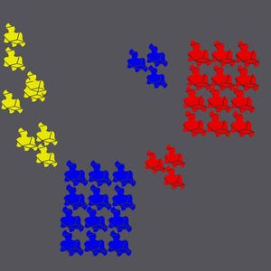 May include: Abstract geometric design with three groups of shapes. One group is red, one is blue, and one is yellow.