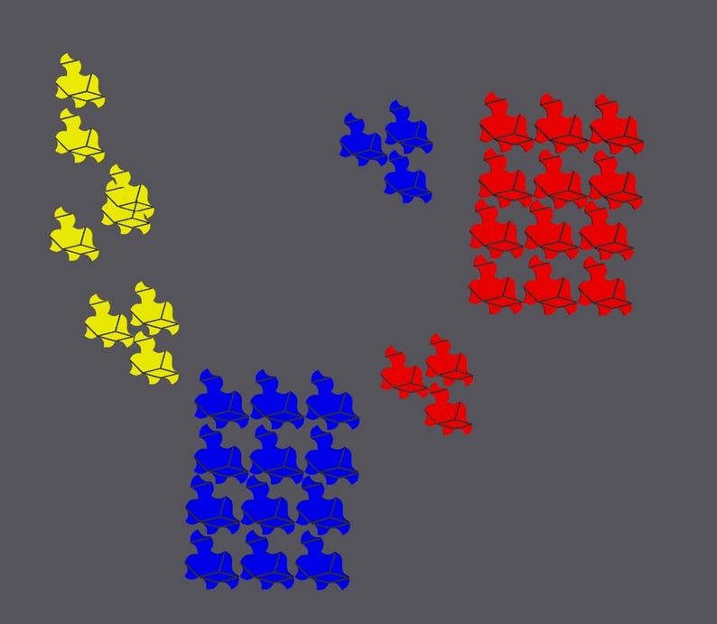 May include: Abstract geometric design with three groups of shapes. One group is red, one is blue, and one is yellow.