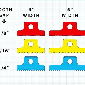 May include: Three sets of plastic combs with different tooth gaps: 1/8 inch, 3/16 inch, and 1/4 inch. Each set has two combs, one 4 inches wide and one 6 inches wide. The combs are red, yellow, and blue.
