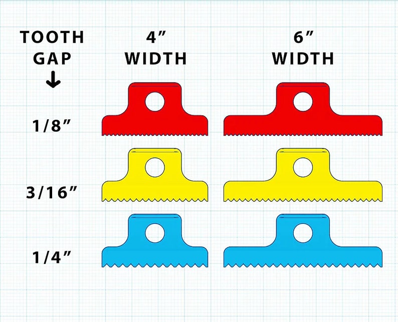 May include: Three sets of plastic combs with different tooth gaps: 1/8 inch, 3/16 inch, and 1/4 inch. Each set has two combs, one 4 inches wide and one 6 inches wide. The combs are red, yellow, and blue.