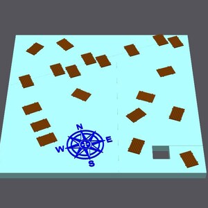 May include: A 3D rendering of a light blue surface with scattered brown rectangular shapes. A blue compass rose is centered, with the letters N, E, S, and W. A small gray rectangle is in the lower right corner.