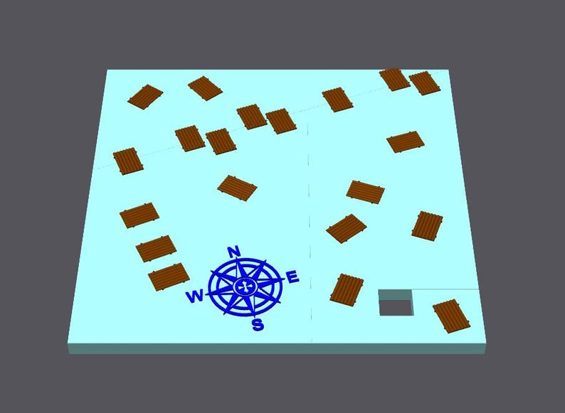 May include: A 3D rendering of a light blue surface with scattered brown rectangular shapes. A blue compass rose is centered, with the letters N, E, S, and W. A small gray rectangle is in the lower right corner.