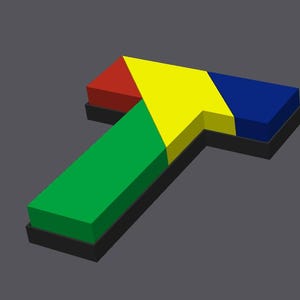 May include: A three-dimensional letter T shape composed of geometric segments. The top horizontal bar features a red section on the left, a yellow central triangle, and a blue section on the right. A green rectangular base forms the vertical stem.