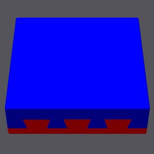 May include: A blue rectangular platform with a red base. The base has a repeating pattern of five triangular shapes.
