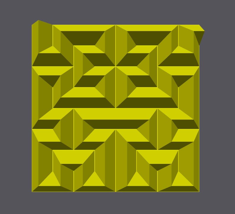 May include: A geometric pattern of yellow squares and triangles, creating a 3D effect.