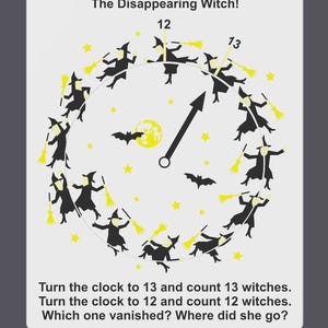 May include: A white clock face with black witch silhouettes flying around the edge. The clock hands point to 12 and 13. The text "The Disappearing Witch!" is at the top of the clock. The text below the clock reads "Turn the clock to 13 and count 13 witches. Turn the clock to 12 and count 12 witches. Which one vanished? Where did she go?"
