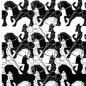 May include: An optical illusion art print in black and white, showing riders on horseback. The design creates a repeating pattern with alternating black and white horses and riders. The riders are in profile, wearing hats and holding reins.