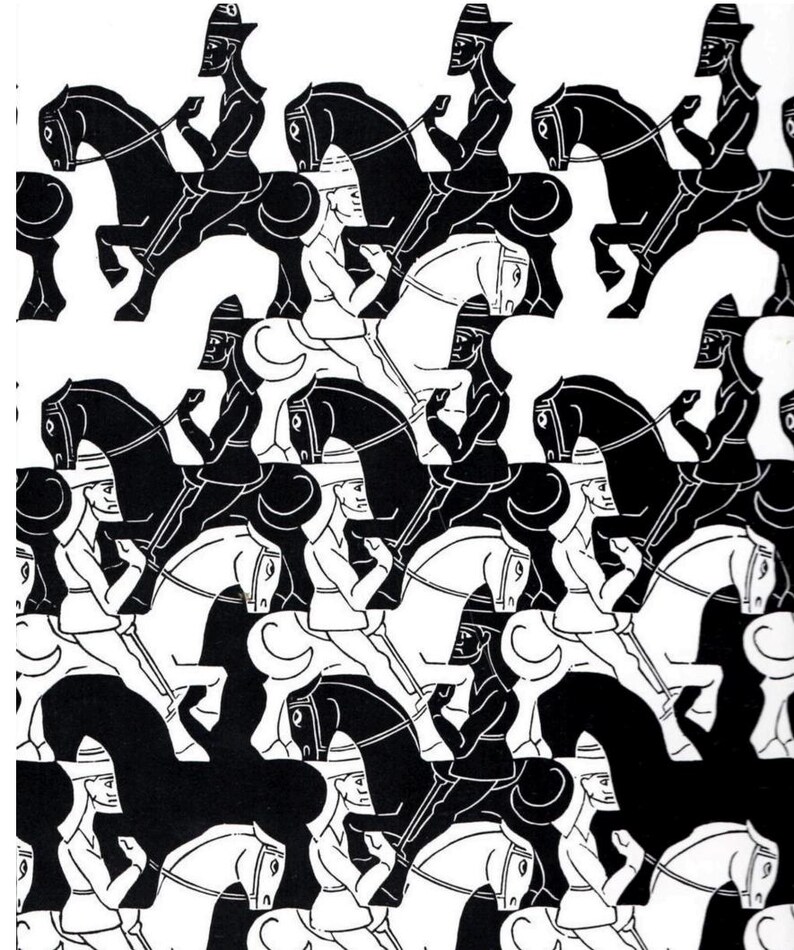 May include: An optical illusion art print in black and white, showing riders on horseback. The design creates a repeating pattern with alternating black and white horses and riders. The riders are in profile, wearing hats and holding reins.