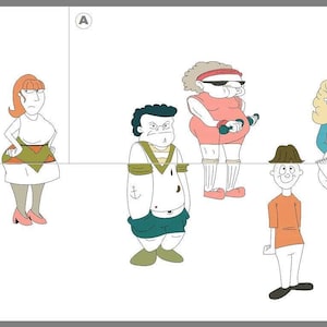 May include: A group of cartoon characters, some wearing hats, others with different hairstyles and clothing. The characters are standing in a row, with some facing forward and others facing sideways. The background is white.