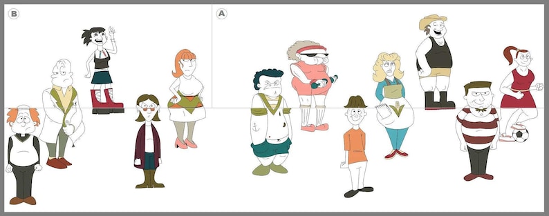 May include: A group of cartoon characters, some wearing hats, others with different hairstyles and clothing. The characters are standing in a row, with some facing forward and others facing sideways. The background is white.