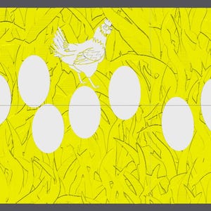 May include: A white chicken stands on a yellow background with white eggs scattered around it. The chicken is facing the right side of the image. The eggs are scattered around the chicken and are all white.