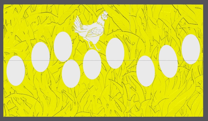May include: A white chicken stands on a yellow background with white eggs scattered around it. The chicken is facing the right side of the image. The eggs are scattered around the chicken and are all white.