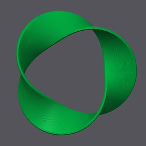 May include: A green, three-dimensional, abstract shape resembling a twisted ribbon or a Mobius strip.