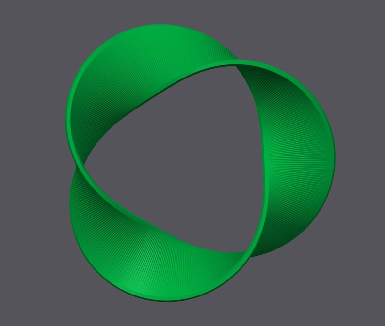 May include: A green, three-dimensional, abstract shape resembling a twisted ribbon or a Mobius strip.