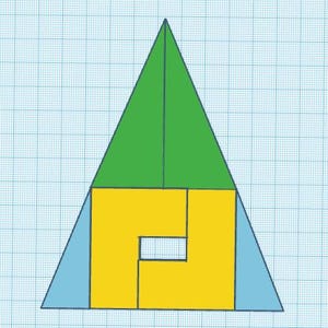 May include: A green triangle with a yellow and blue geometric shape inside. The yellow shape has a rectangular hole in the middle.
