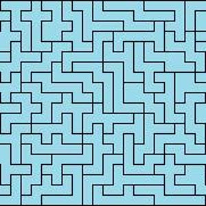 May include: A long, rectangular puzzle with a complex maze design. The maze is composed of black lines on a light blue background. The design is intricate and covers the entire surface, with small black squares at each end.