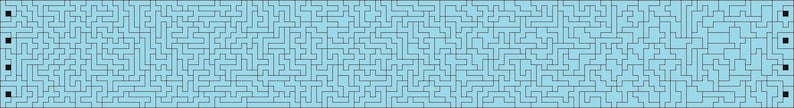 May include: A long, rectangular puzzle with a complex maze design. The maze is composed of black lines on a light blue background. The design is intricate and covers the entire surface, with small black squares at each end.