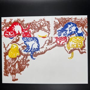 May include: A white background with a brown silhouette of a girl and a tree with five cats in different colors. The cats are red, blue, yellow, and orange. The cats are all looking in different directions.