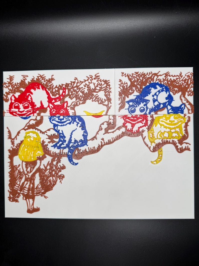 May include: A white background with a brown silhouette of a girl and a tree with five cats in different colors. The cats are red, blue, yellow, and orange. The cats are all looking in different directions.