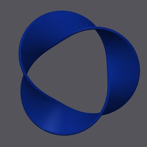 May include: A blue, three-dimensional, abstract shape resembling a twisted ribbon or a Mobius strip.
