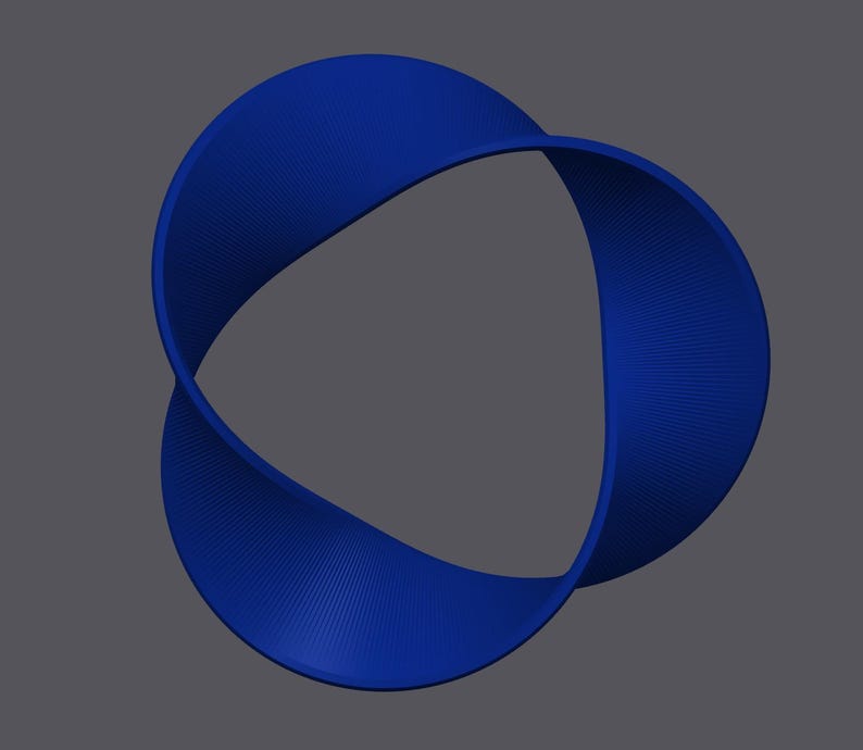 May include: A blue, three-dimensional, abstract shape resembling a twisted ribbon or a Mobius strip.