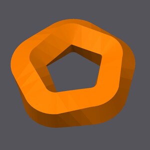 May include: A bright orange, five-sided geometric shape with a hollow center. The shape is three-dimensional and has a slightly textured surface.