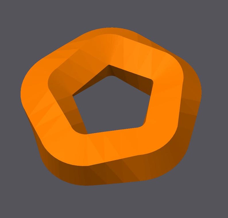 May include: A bright orange, five-sided geometric shape with a hollow center. The shape is three-dimensional and has a slightly textured surface.