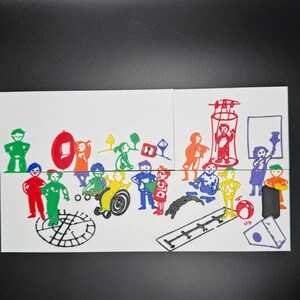 May include: A colorful illustration featuring stick figures in various poses and activities. The figures are depicted in red, green, blue, yellow, and orange. The artwork is on a white background with a black border.