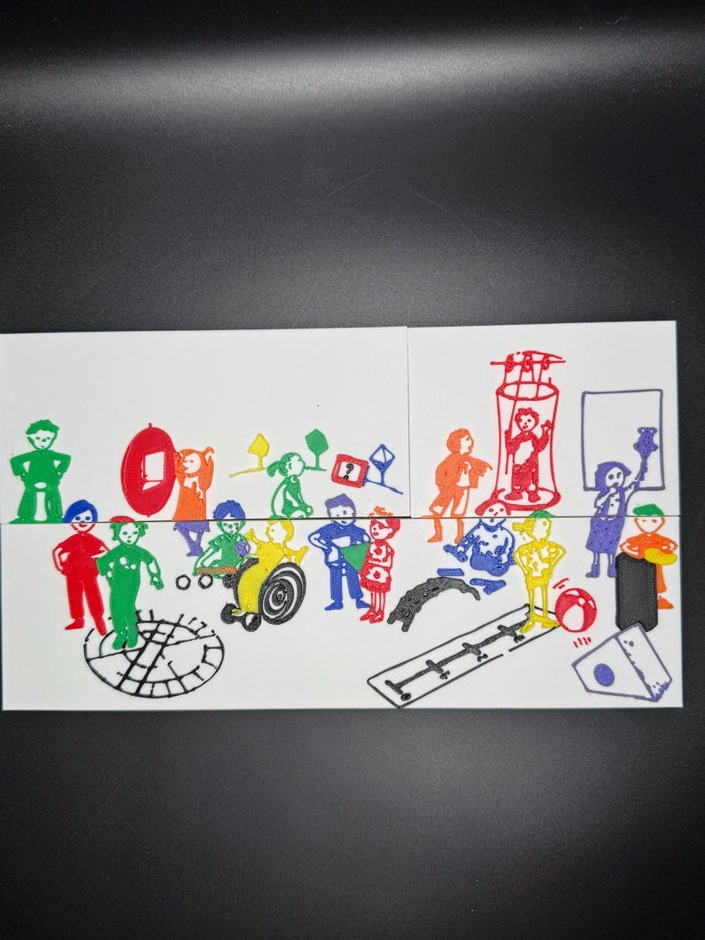 May include: A colorful illustration featuring stick figures in various poses and activities. The figures are depicted in red, green, blue, yellow, and orange. The artwork is on a white background with a black border.