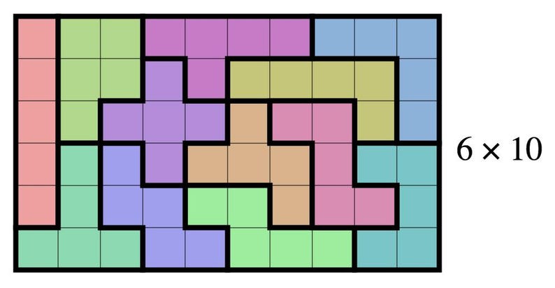 Puede incluir: Una cuadr&iacute;cula de 6x10 con diferentes formas de colores. Las formas son rosa claro, azul claro, verde claro, morado y naranja. Las formas est&aacute;n dispuestas en un patr&oacute;n de rompecabezas.