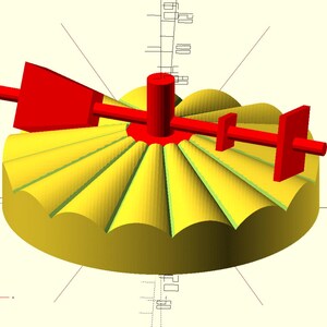 May include: A 3D-rendered model of a mechanical component. The design features a yellow, fan-shaped base with a red central structure and arms. The model is set against a light beige background.