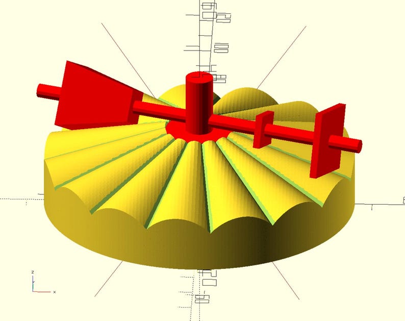 May include: A 3D-rendered model of a mechanical component. The design features a yellow, fan-shaped base with a red central structure and arms. The model is set against a light beige background.