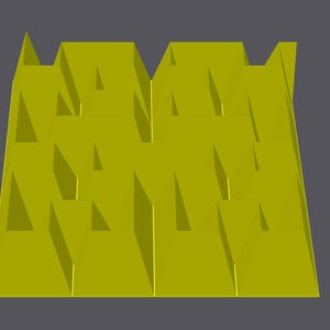 May include: A yellow 3D geometric pattern with a repeating triangular design. The pattern is made up of many small triangles that are arranged in a grid-like pattern.