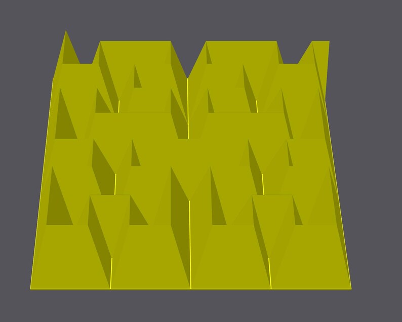 May include: A yellow 3D geometric pattern with a repeating triangular design. The pattern is made up of many small triangles that are arranged in a grid-like pattern.