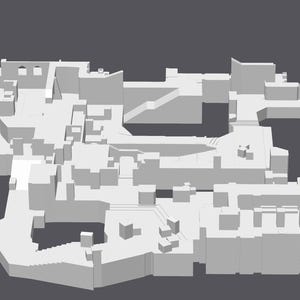 May include: A 3D model of a gray, multi-level building with a complex layout. The building has many rooms and corridors, and it appears to be a video game map.