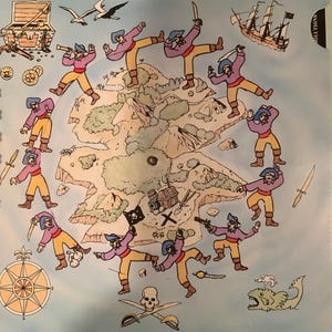 May include: A colorful illustration of a pirate-themed map. The map features cartoon pirates, a treasure chest, a compass, a pirate ship, and a skull and crossbones. The background is light blue.