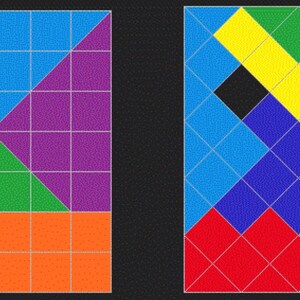 May include: Two different arrangements of colorful geometric shapes on a grid background. The shapes are red, orange, yellow, green, blue, and purple. The shapes are arranged in a variety of patterns and designs.