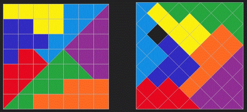 May include: Two different arrangements of colorful geometric shapes on a grid background. The shapes are red, orange, yellow, green, blue, and purple. The shapes are arranged in a variety of patterns and designs.