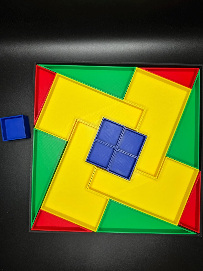 May include: A wooden puzzle with a yellow, green, and red frame. The puzzle pieces are blue and fit together to form a square.