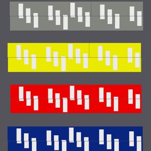 May include: A visual representation of a musical scale with six bars of different colors: orange, gray, yellow, red, blue, and green. Each bar has a series of white rectangles of varying lengths, representing musical notes.