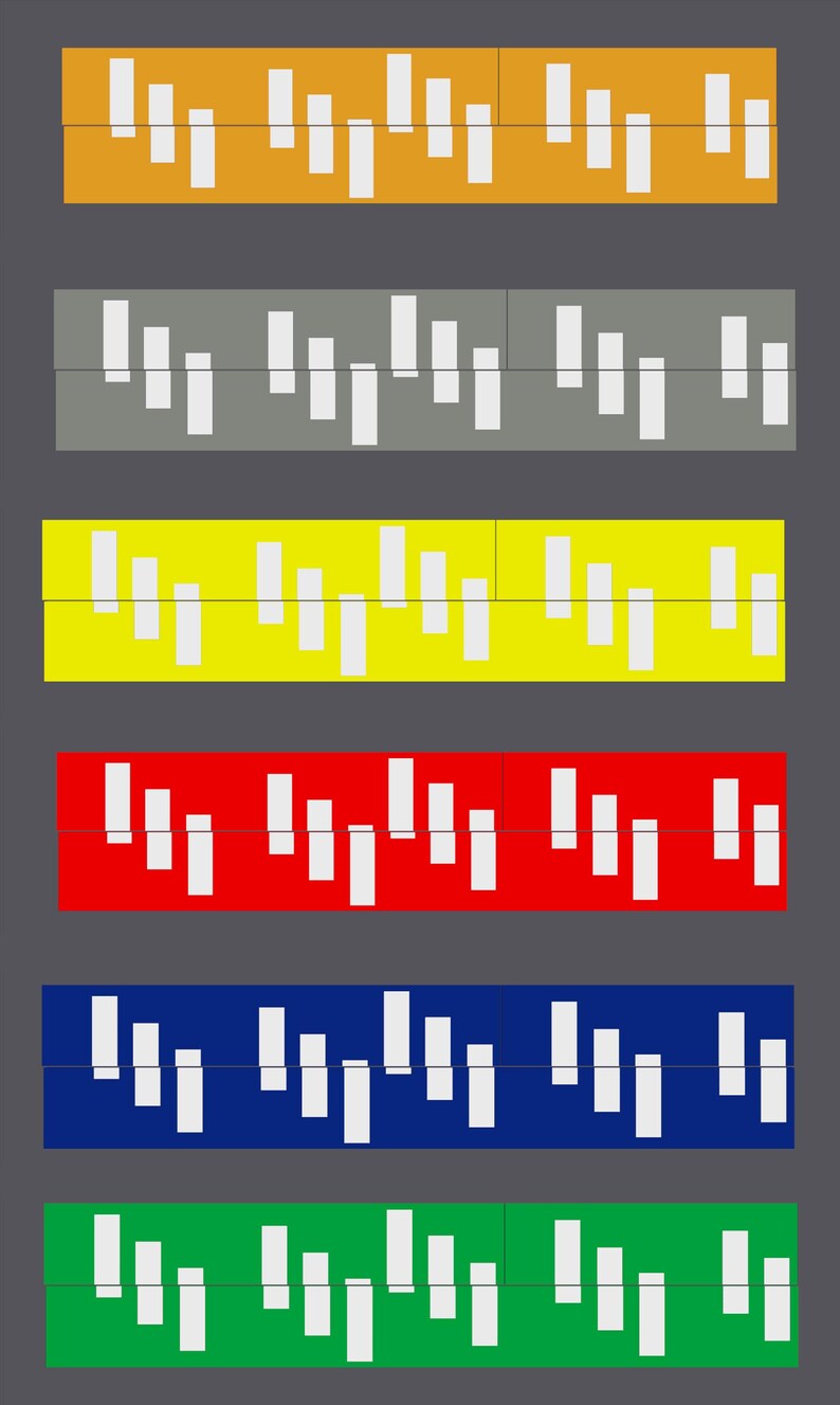 May include: A visual representation of a musical scale with six bars of different colors: orange, gray, yellow, red, blue, and green. Each bar has a series of white rectangles of varying lengths, representing musical notes.