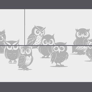 May include: A white background with a repeating pattern of gray owls. The owls are in various poses, some with their wings spread and some with their eyes closed.