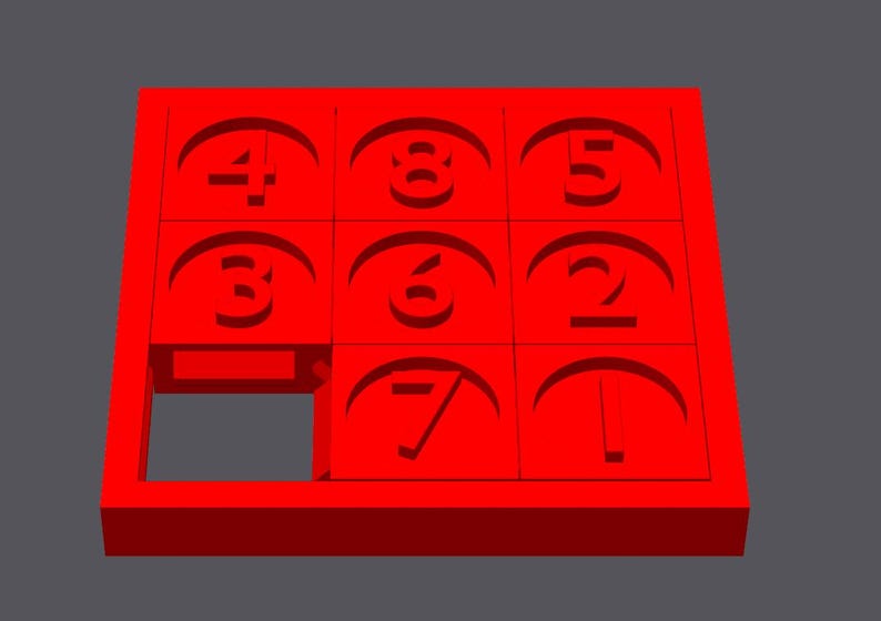 May include: A red sliding puzzle with numbers 1 through 8 and a blank space. The numbers are arranged in a 3x3 grid.