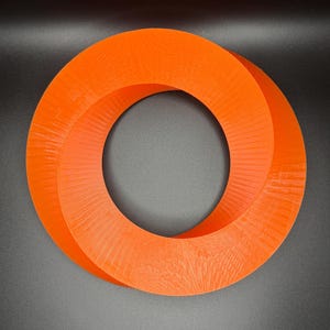 May include: A bright orange, 3D printed, Mobius strip sculpture. The sculpture is shaped like a ring with a twist in the middle.
