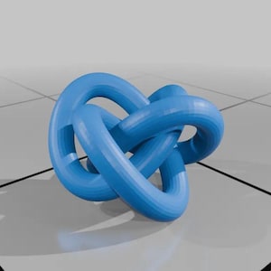 May include: A blue 3D printed knot sculpture. The knot is made of three intertwined loops. The sculpture is on a white tiled surface.