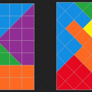 May include: Two different geometric patterns made up of squares and triangles. The first pattern is made up of yellow, blue, red, green, and purple squares and triangles. The second pattern is made up of blue, orange, red, yellow, green, and purple squares and triangles.