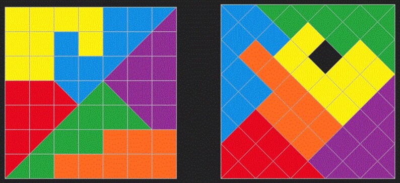 May include: Two different geometric patterns made up of squares and triangles. The first pattern is made up of yellow, blue, red, green, and purple squares and triangles. The second pattern is made up of blue, orange, red, yellow, green, and purple squares and triangles.