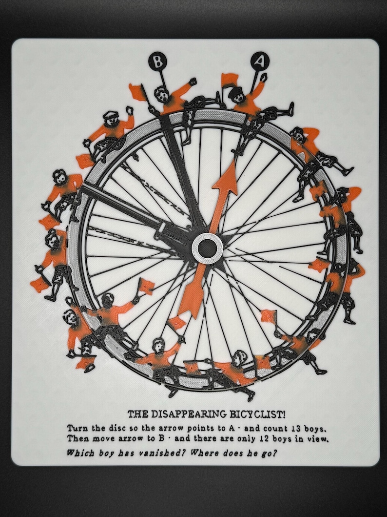 May include: A black and white illustration of a bicycle wheel with 13 boys riding around it. The wheel has an arrow that points to A and B. The text reads: "THE DISAPPEARING BICYCLIST! Turn the disc so the arrow points to A and count 13 boys. Then move arrow to B and there are only 12 boys in view. Which boy has vanished? Where does he go?"