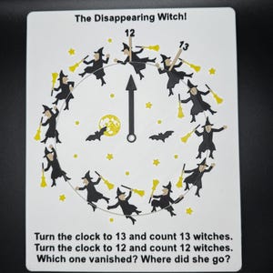 May include: A black and white illustration of a clock face with 13 witches flying around it. The text "The Disappearing Witch!" is at the top of the image. The text "Turn the clock to 13 and count 13 witches. Turn the clock to 12 and count 12 witches. Which one vanished? Where did she go?" is at the bottom of the image.
