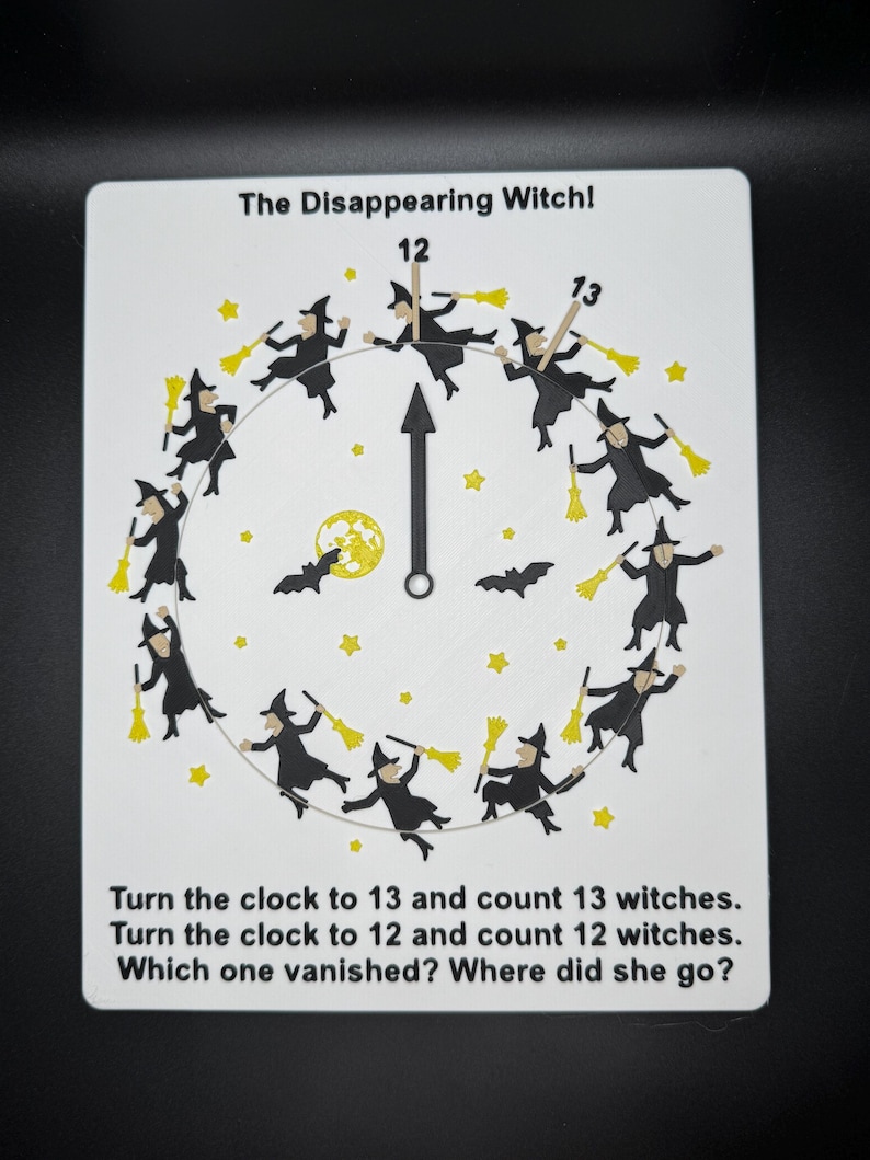May include: A black and white illustration of a clock face with 13 witches flying around it. The text "The Disappearing Witch!" is at the top of the image. The text "Turn the clock to 13 and count 13 witches. Turn the clock to 12 and count 12 witches. Which one vanished? Where did she go?" is at the bottom of the image.